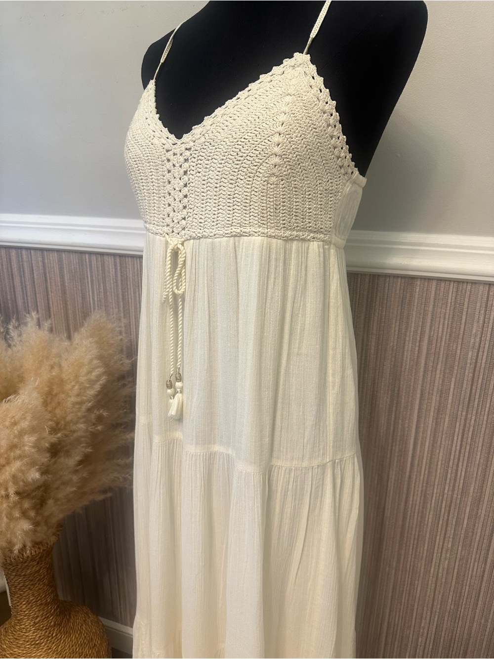 American Eagle Ivory Crochet Bodice Tiered Maxi Dress Lined Cottagecore Small - Picture 7 of 16